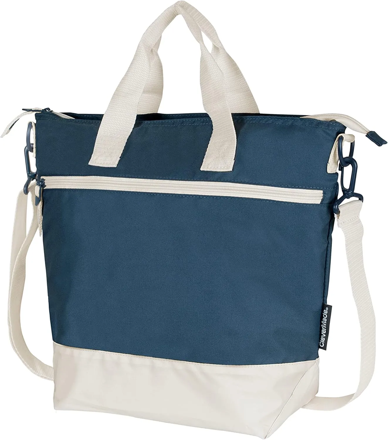 CleverMade Reusable Lunch Bag Cooler 12 Can Capacity Navy/Cream, with Shoulder Strap; Insulated Beach Tote for Meal Prep, Travel, and Grocery Shopping