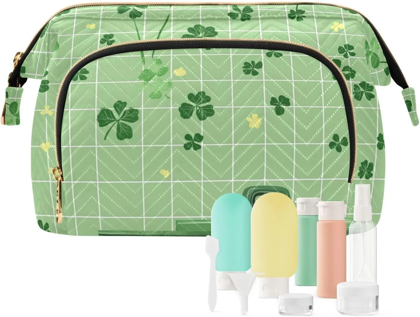 Clover and Car Light Green Toiletry Bag Essentials Large Cosmetic Bag Makeup Period Bag for Capacity Travel Cosmetic