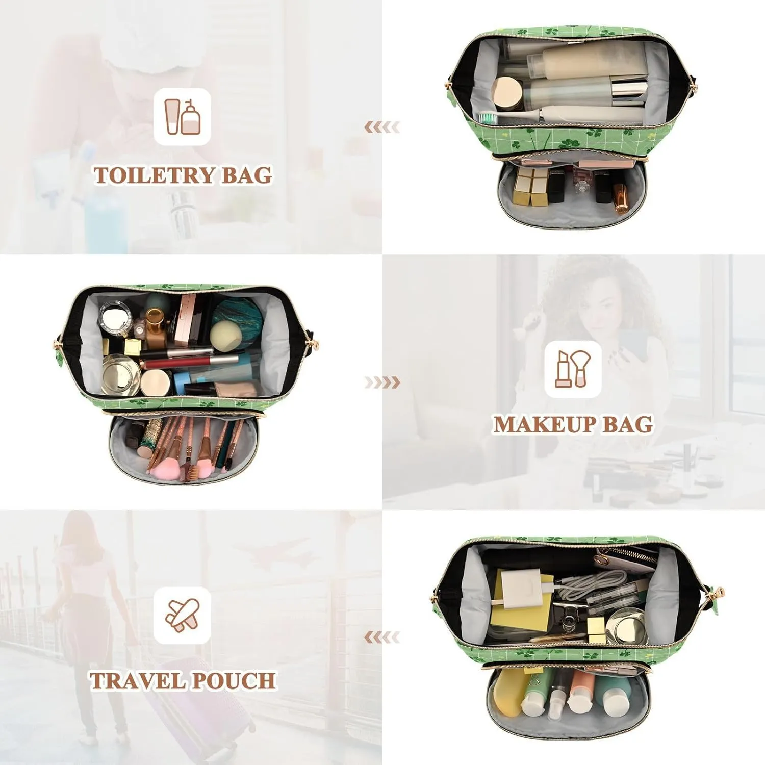 Clover and Car Light Green Toiletry Bag Essentials Large Cosmetic Bag Makeup Period Bag for Capacity Travel Cosmetic