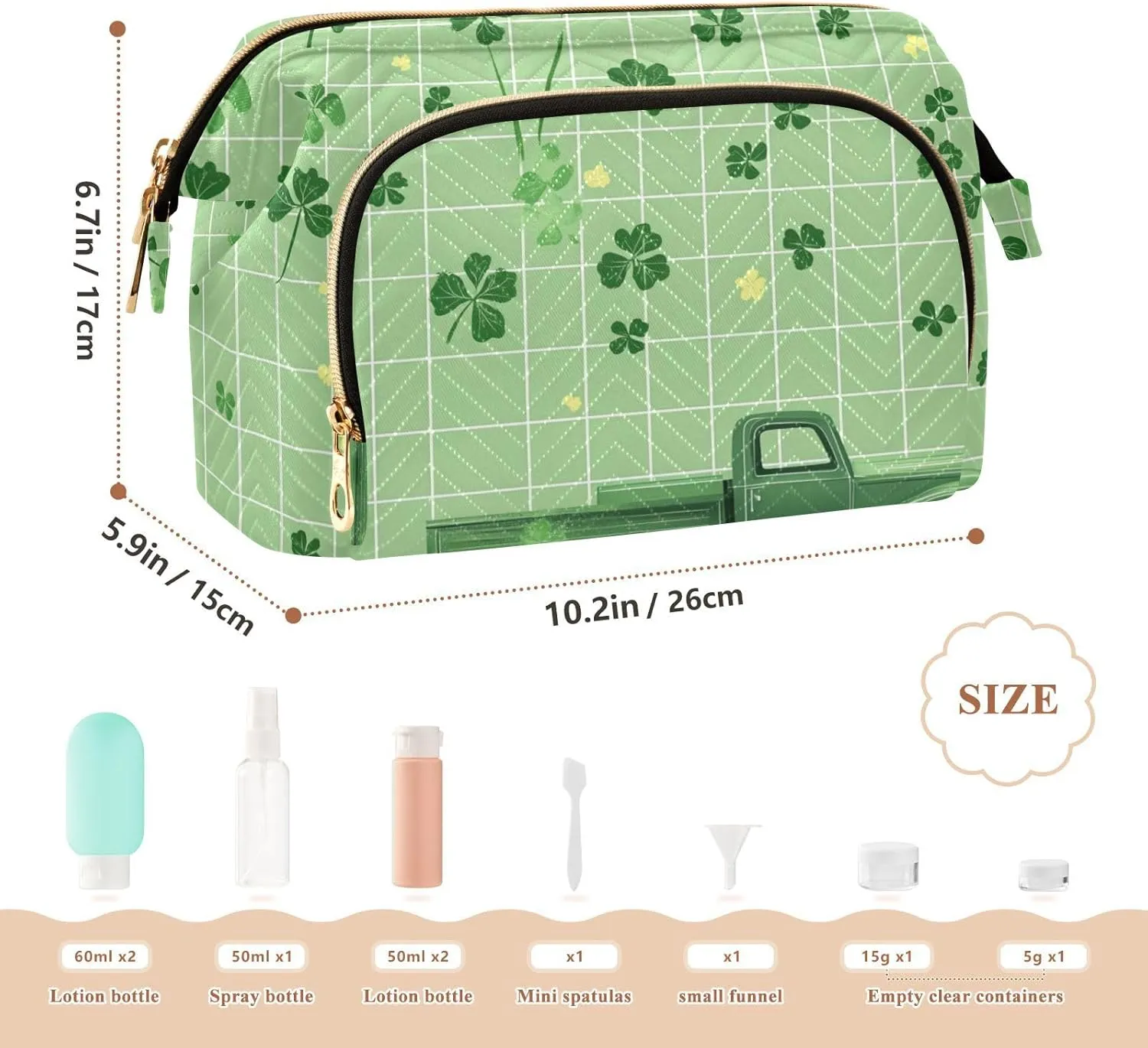 Clover and Car Light Green Toiletry Bag Essentials Large Cosmetic Bag Makeup Period Bag for Capacity Travel Cosmetic