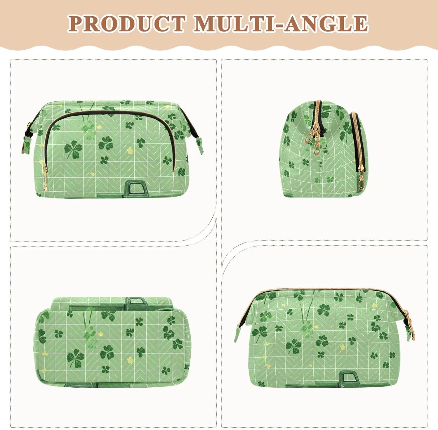 Clover and Car Light Green Toiletry Bag Essentials Large Cosmetic Bag Makeup Period Bag for Capacity Travel Cosmetic