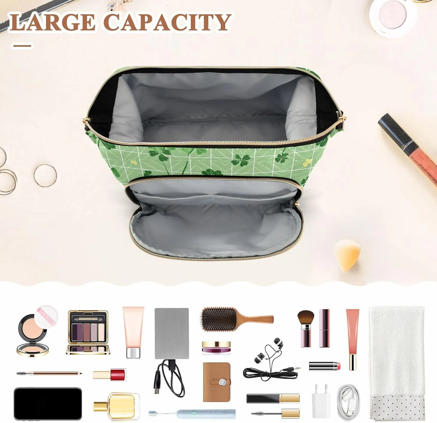 Clover and Car Light Green Toiletry Bag Essentials Large Cosmetic Bag Makeup Period Bag for Capacity Travel Cosmetic