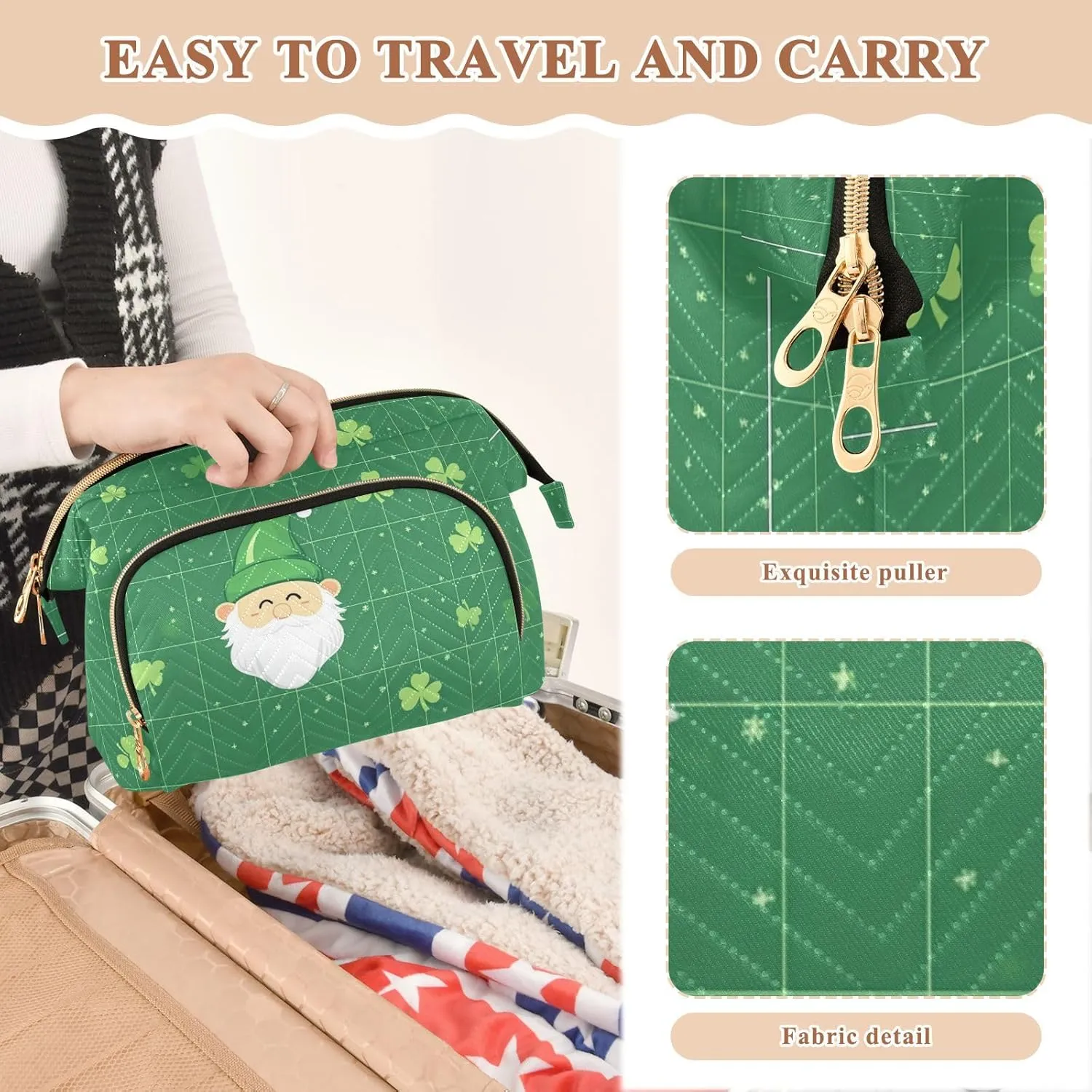 Clover and Dwarf Green Cosmetic Bags Zipper Travel Cosmetic Bag For Women Makeup Period Bag for Large Capacity