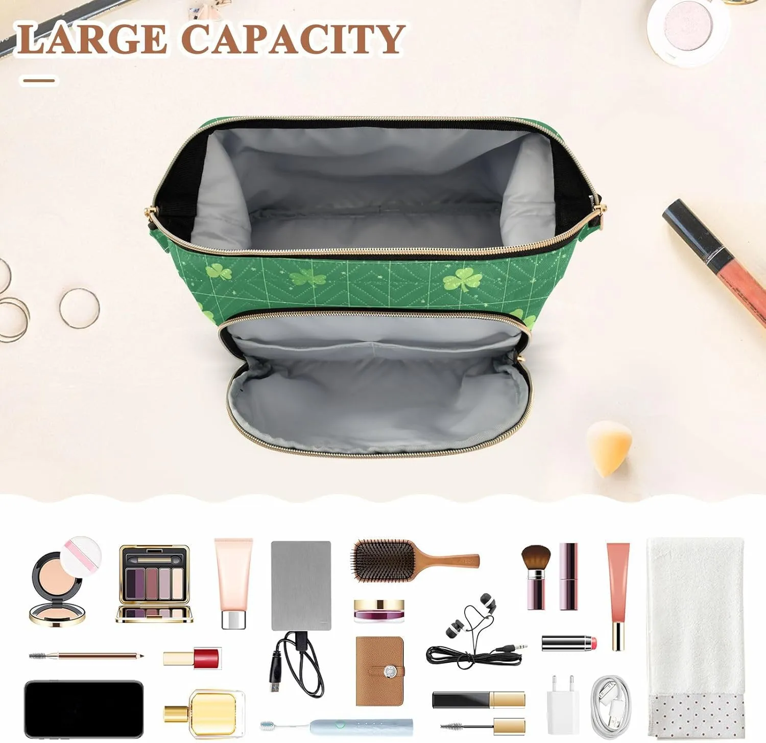 Clover and Dwarf Green Cosmetic Bags Zipper Travel Cosmetic Bag For Women Makeup Period Bag for Large Capacity