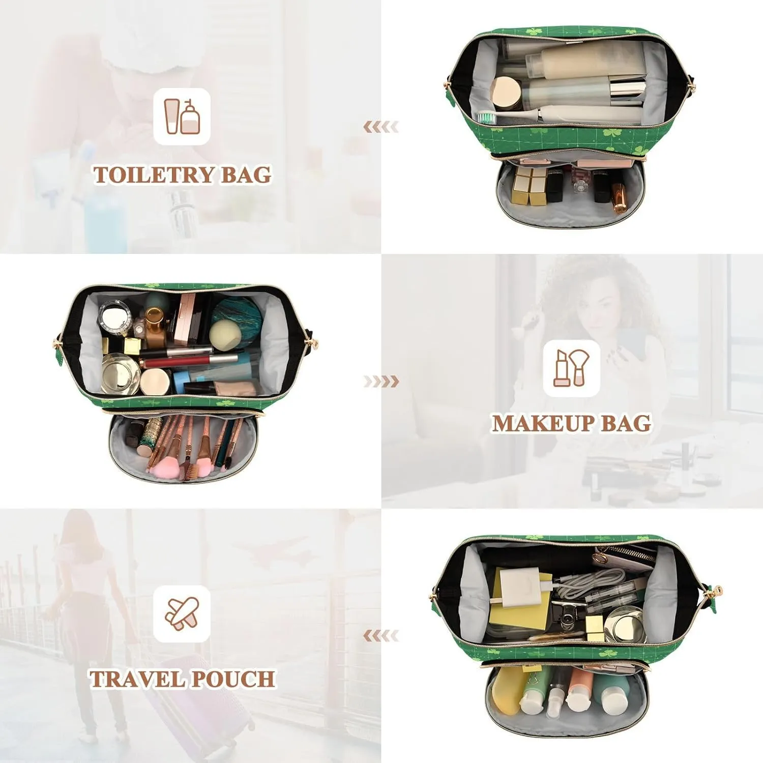 Clover and Dwarf Green Cosmetic Bags Zipper Travel Cosmetic Bag For Women Makeup Period Bag for Large Capacity