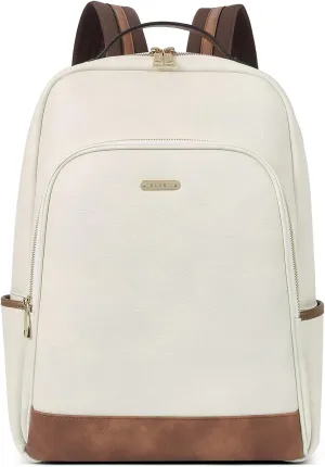 CLUCI Leather Backpack for Women 15.6 inch Laptop Backpack Purse Computer Backpack for Travel Airplane Casual Daypack Beige with Brown