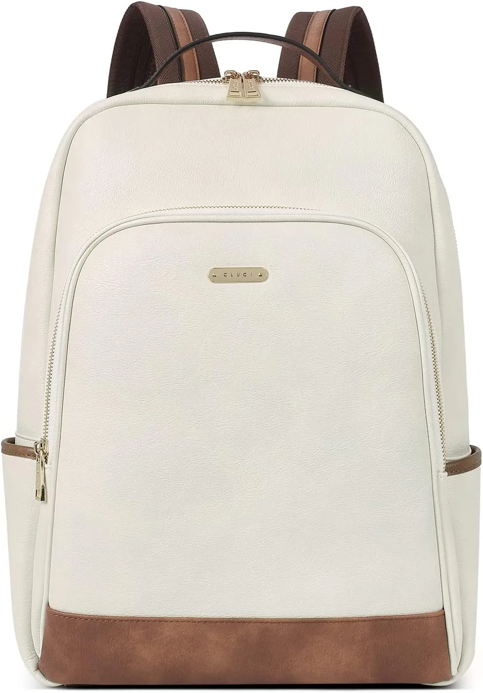 CLUCI Leather Backpack for Women 15.6 inch Laptop Backpack Purse Computer Backpack for Travel Airplane Casual Daypack Beige with Brown