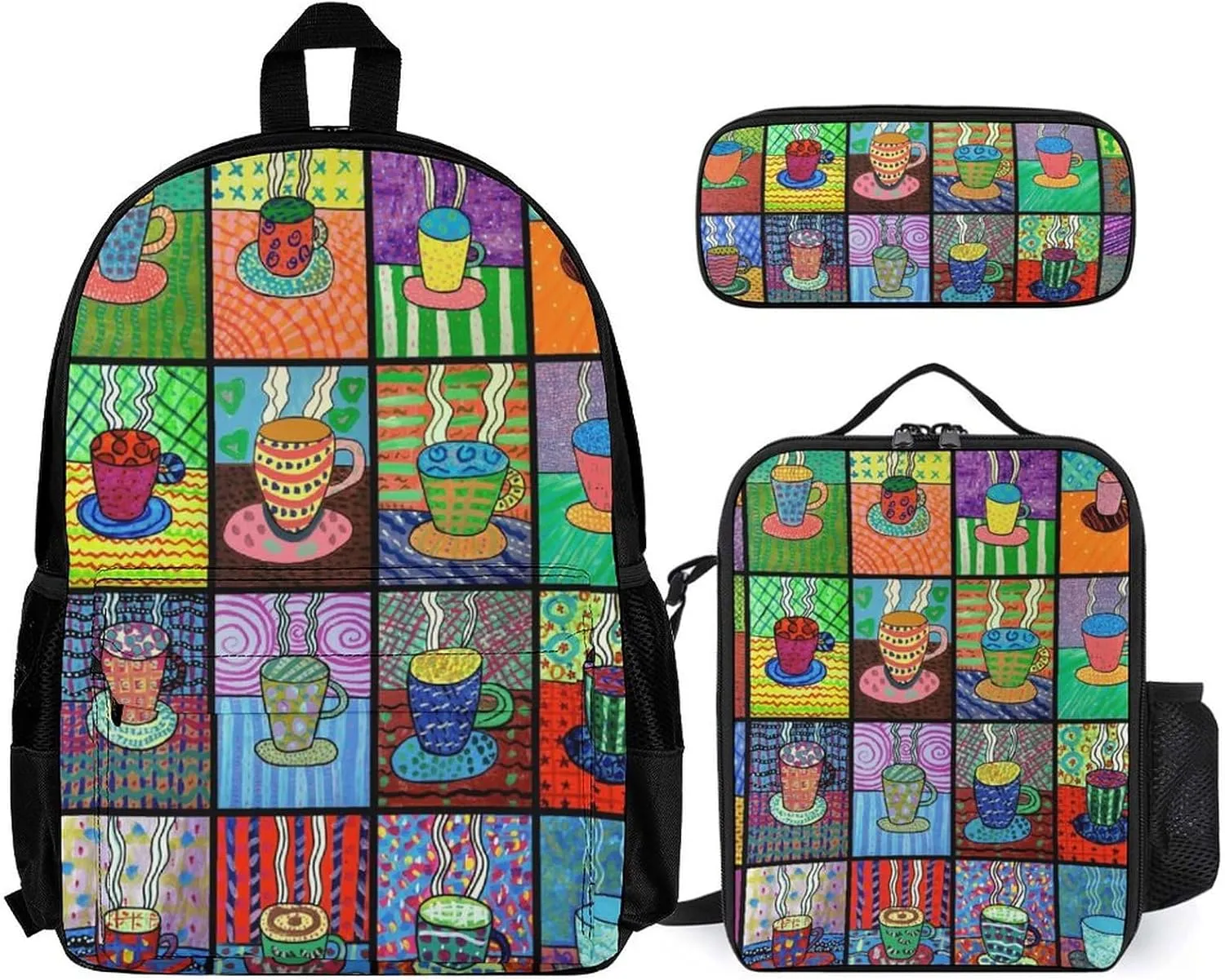 Coffee Cups Tempera Paint Casual Backpack Set 3-in-1 Lunch Bag Cute Pencil Case Bag Travel Unisex