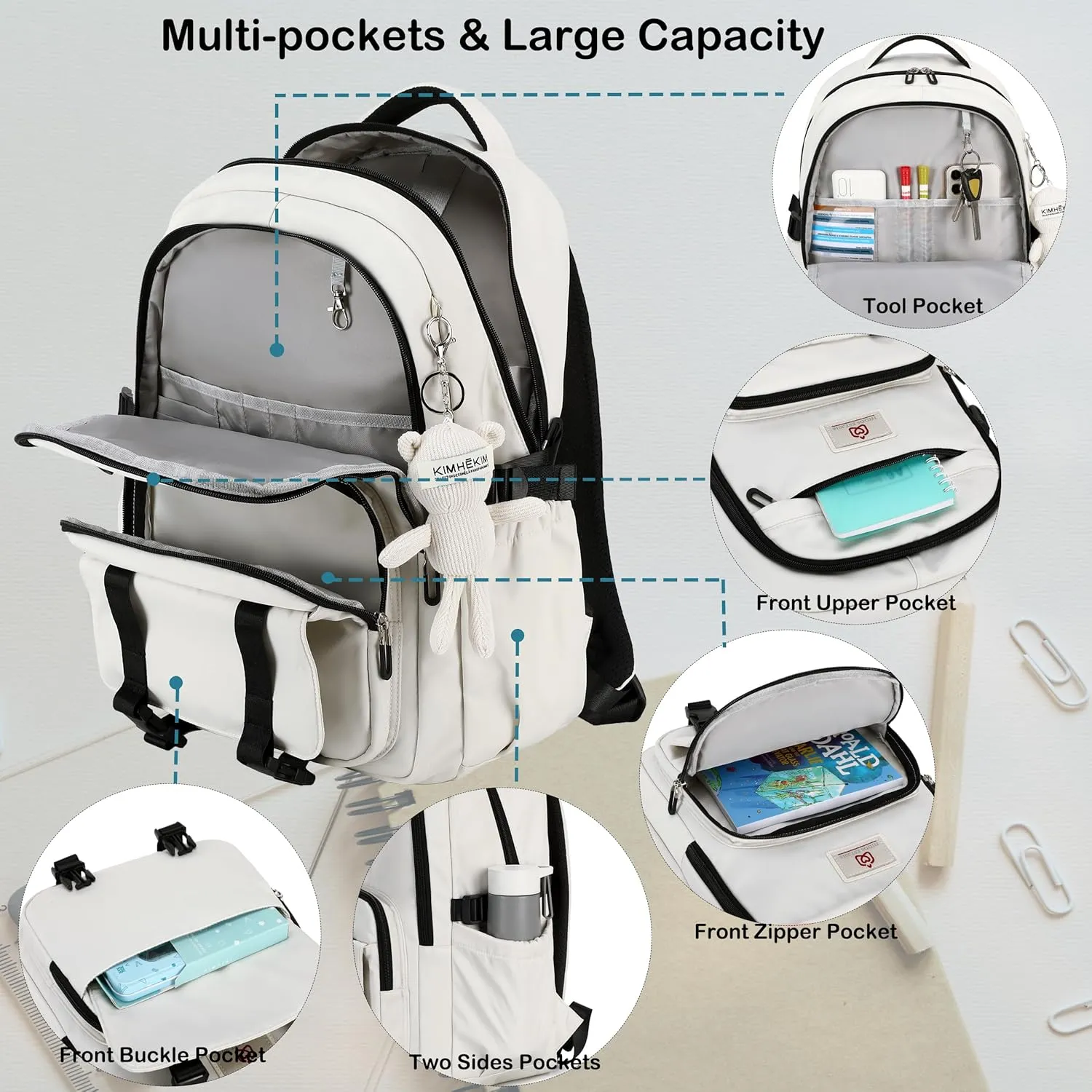 College Backpack Laptop Backpacks 15.6 Inch for Men Women Elementary Middle High School Book Bag For Teens Girls Boys Student Anti Theft Travel Daypack Large Bookbags-Beige