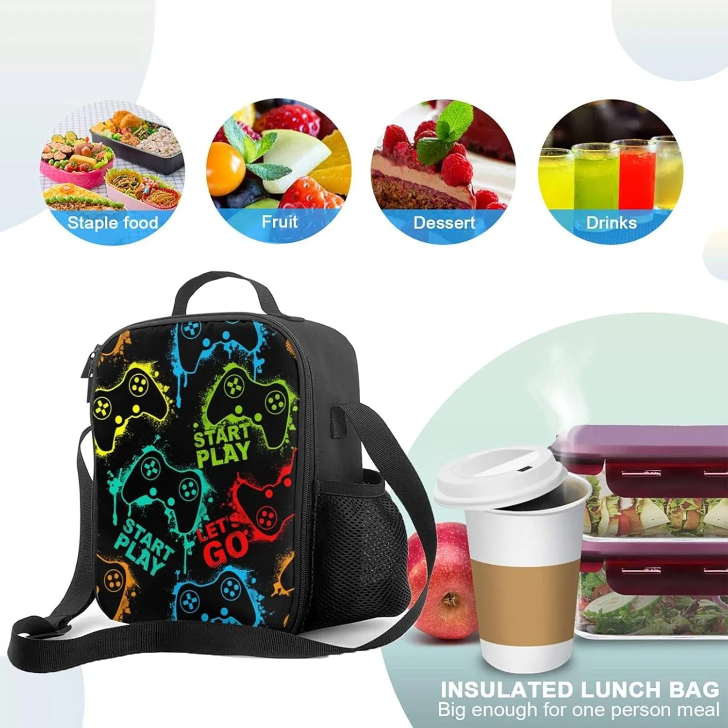 Colorful Game Joystick Insulated Lunch Bag Reusable Tote Bag Lunch Box Food Container For Men Women Kids