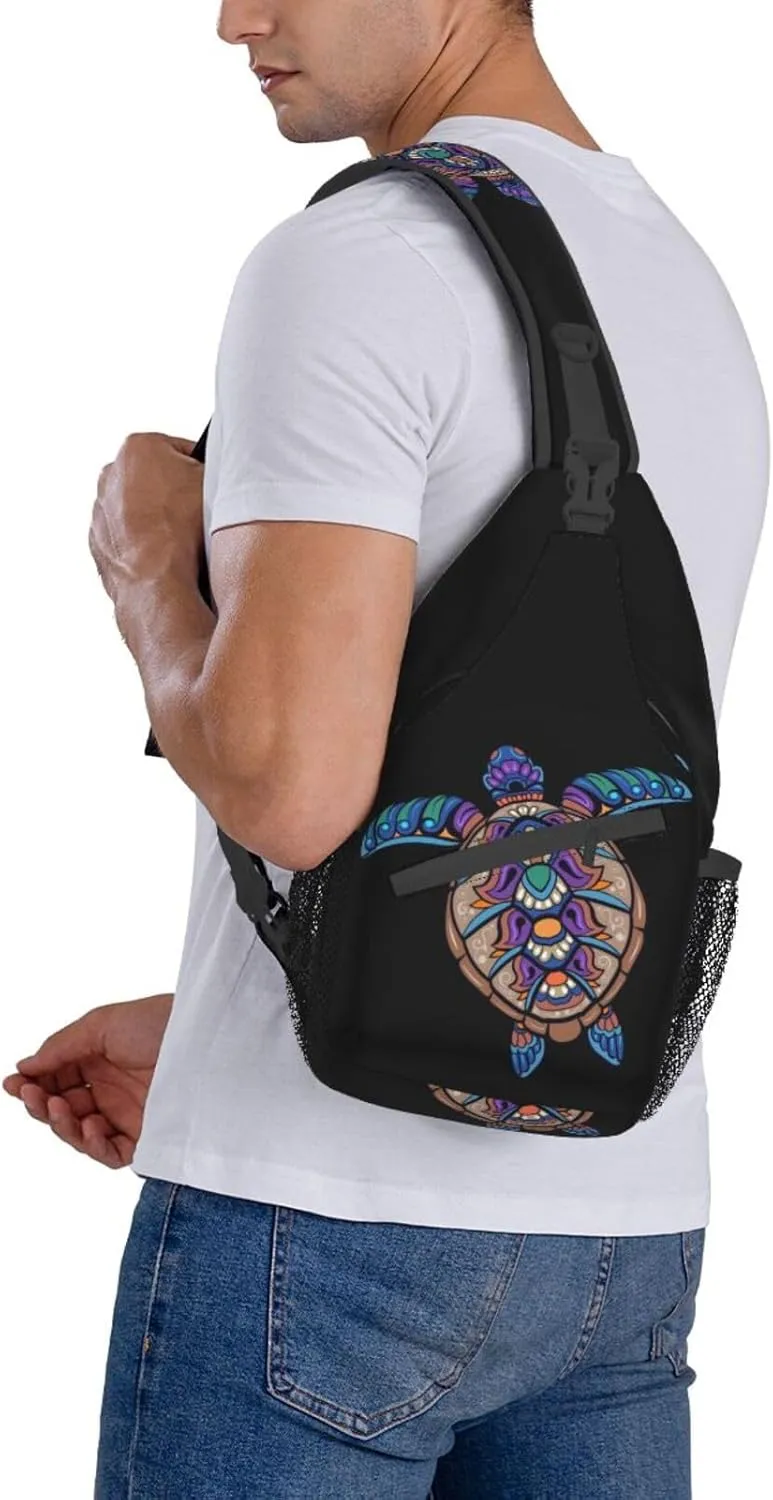 Colorful Sea Turtle Mandala Sling Bag for Women Mens Crossbody Sling Backpack Travel Hiking Daypack Chest Shoulder Bag with Adjustable Strap