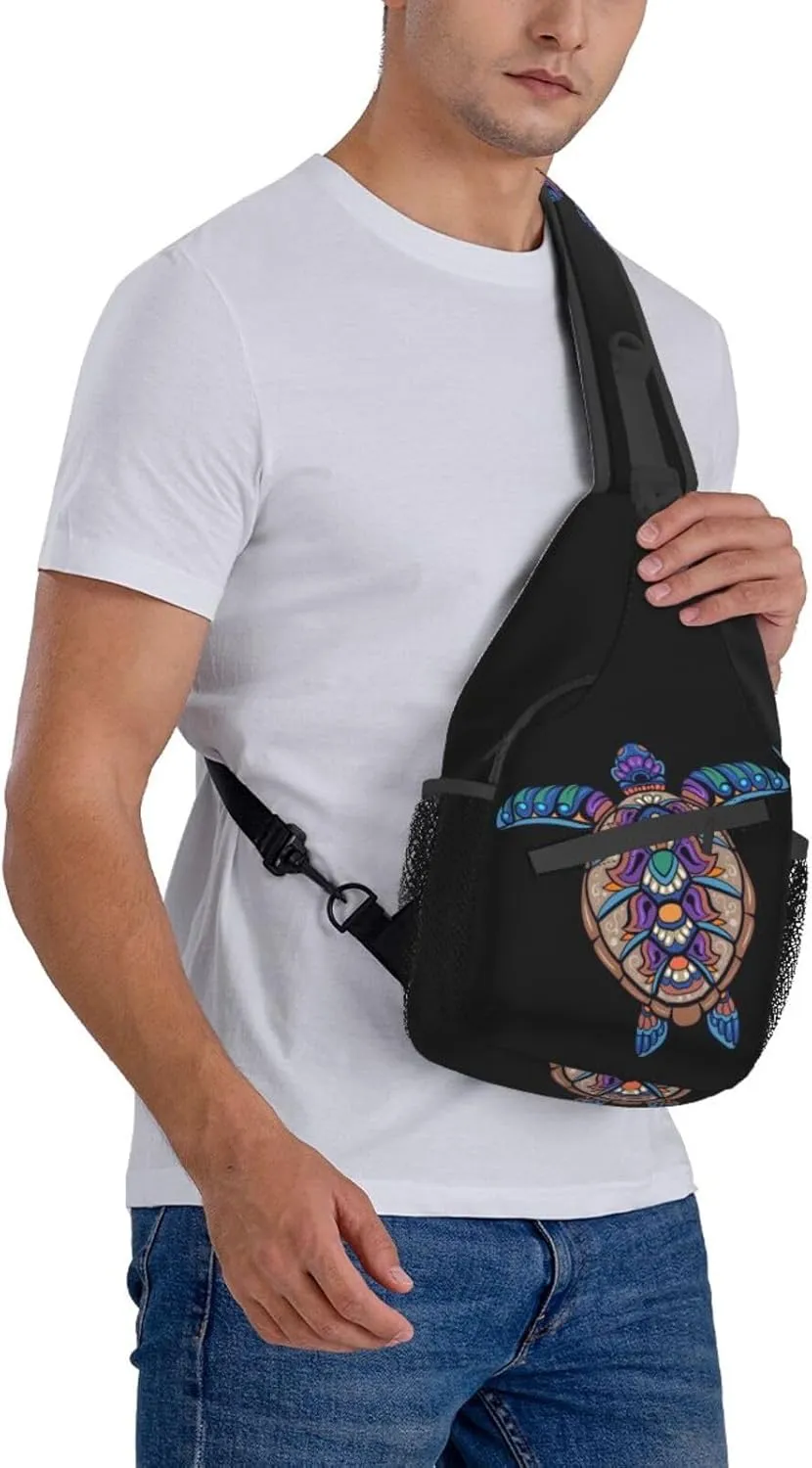 Colorful Sea Turtle Mandala Sling Bag for Women Mens Crossbody Sling Backpack Travel Hiking Daypack Chest Shoulder Bag with Adjustable Strap