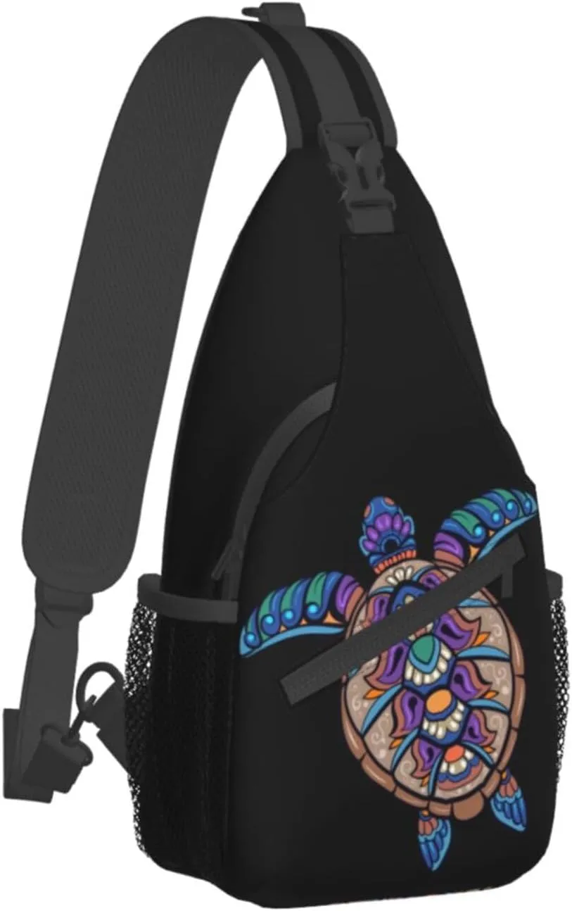 Colorful Sea Turtle Mandala Sling Bag for Women Mens Crossbody Sling Backpack Travel Hiking Daypack Chest Shoulder Bag with Adjustable Strap