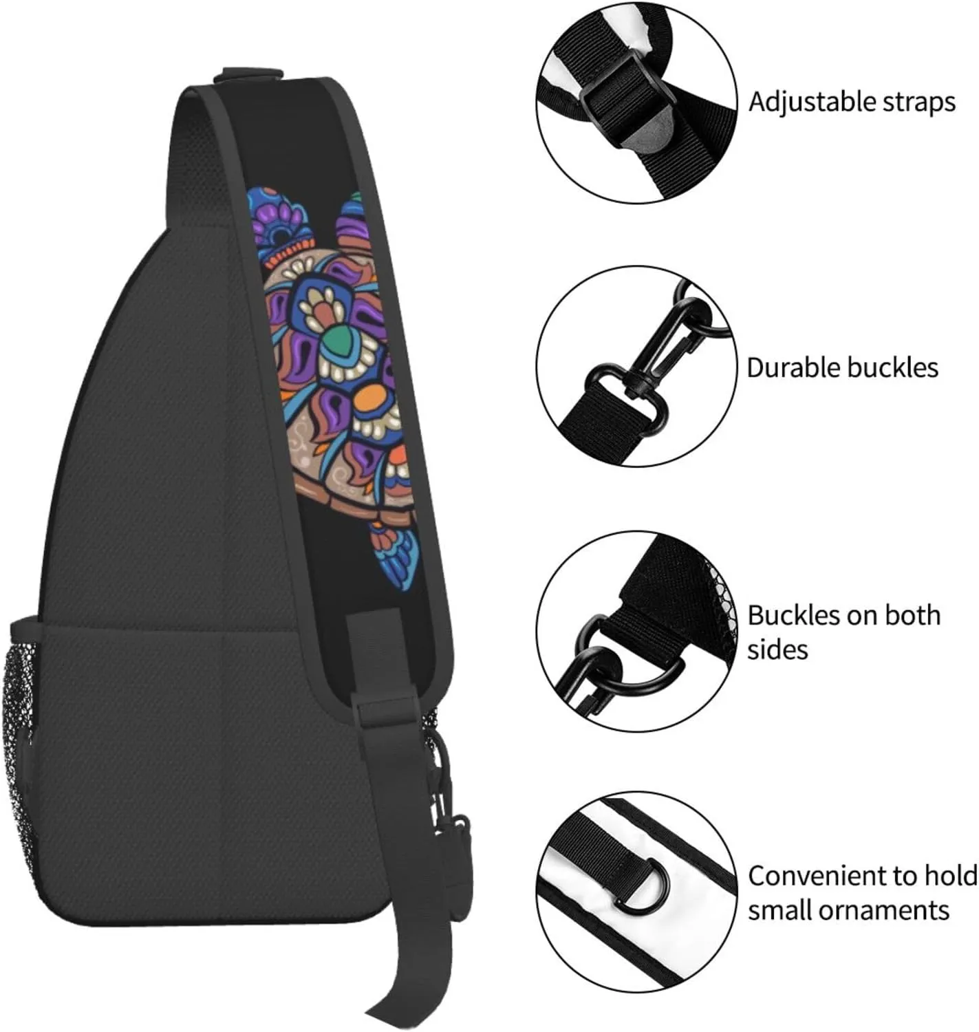 Colorful Sea Turtle Mandala Sling Bag for Women Mens Crossbody Sling Backpack Travel Hiking Daypack Chest Shoulder Bag with Adjustable Strap