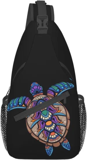 Colorful Sea Turtle Mandala Sling Bag for Women Mens Crossbody Sling Backpack Travel Hiking Daypack Chest Shoulder Bag with Adjustable Strap
