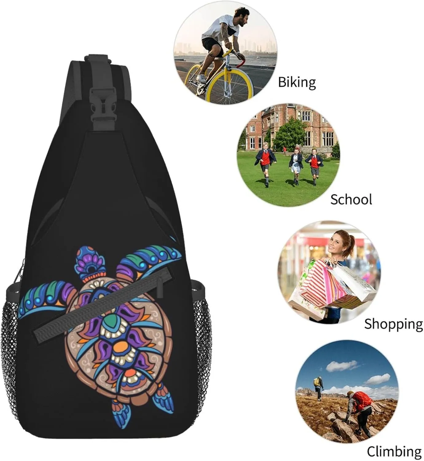 Colorful Sea Turtle Mandala Sling Bag for Women Mens Crossbody Sling Backpack Travel Hiking Daypack Chest Shoulder Bag with Adjustable Strap
