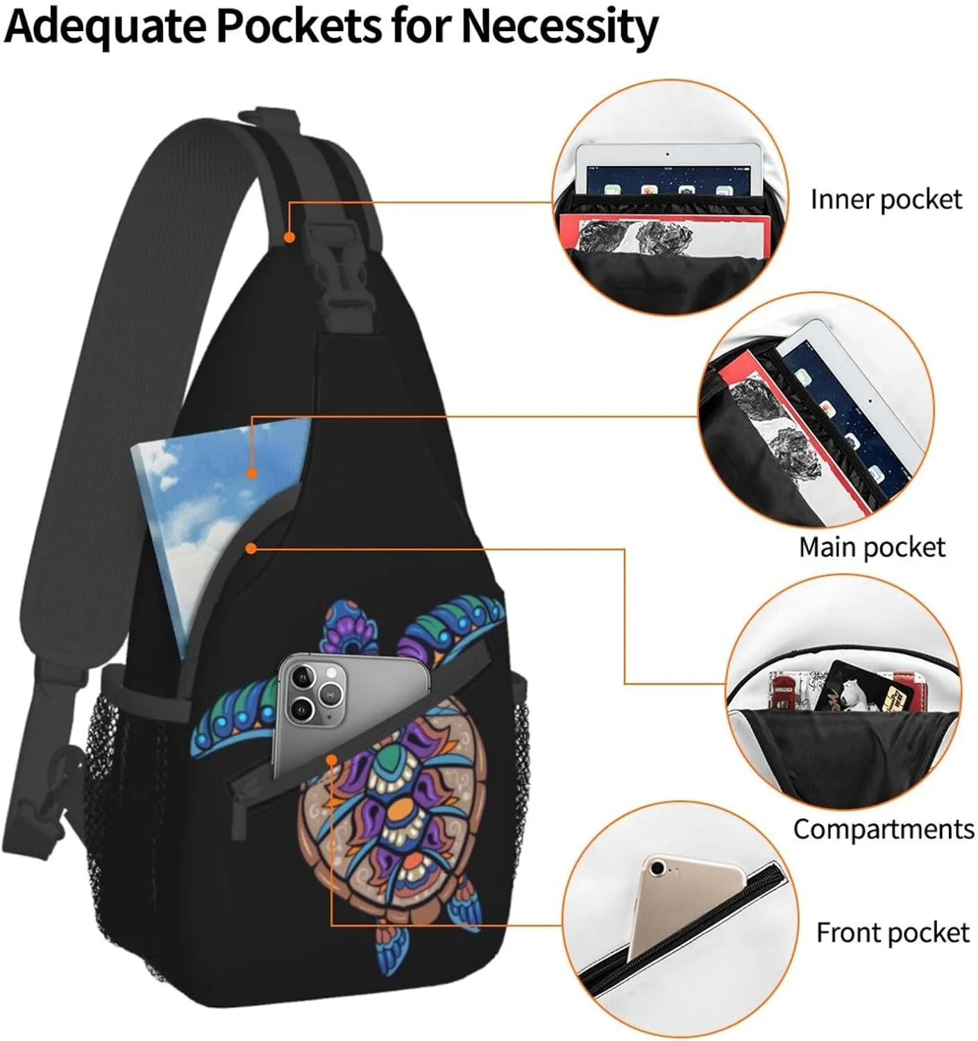 Colorful Sea Turtle Mandala Sling Bag for Women Mens Crossbody Sling Backpack Travel Hiking Daypack Chest Shoulder Bag with Adjustable Strap
