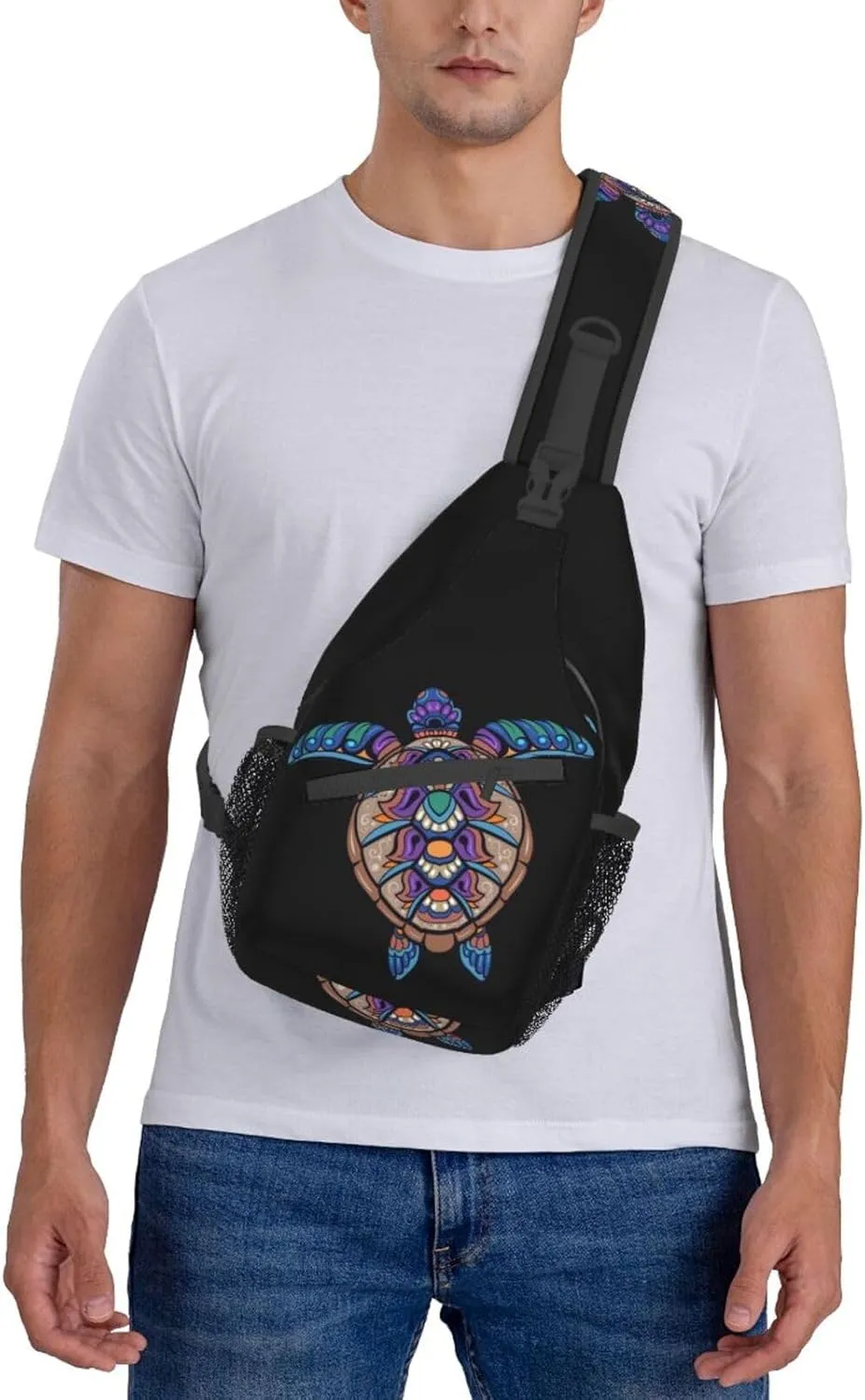 Colorful Sea Turtle Mandala Sling Bag for Women Mens Crossbody Sling Backpack Travel Hiking Daypack Chest Shoulder Bag with Adjustable Strap