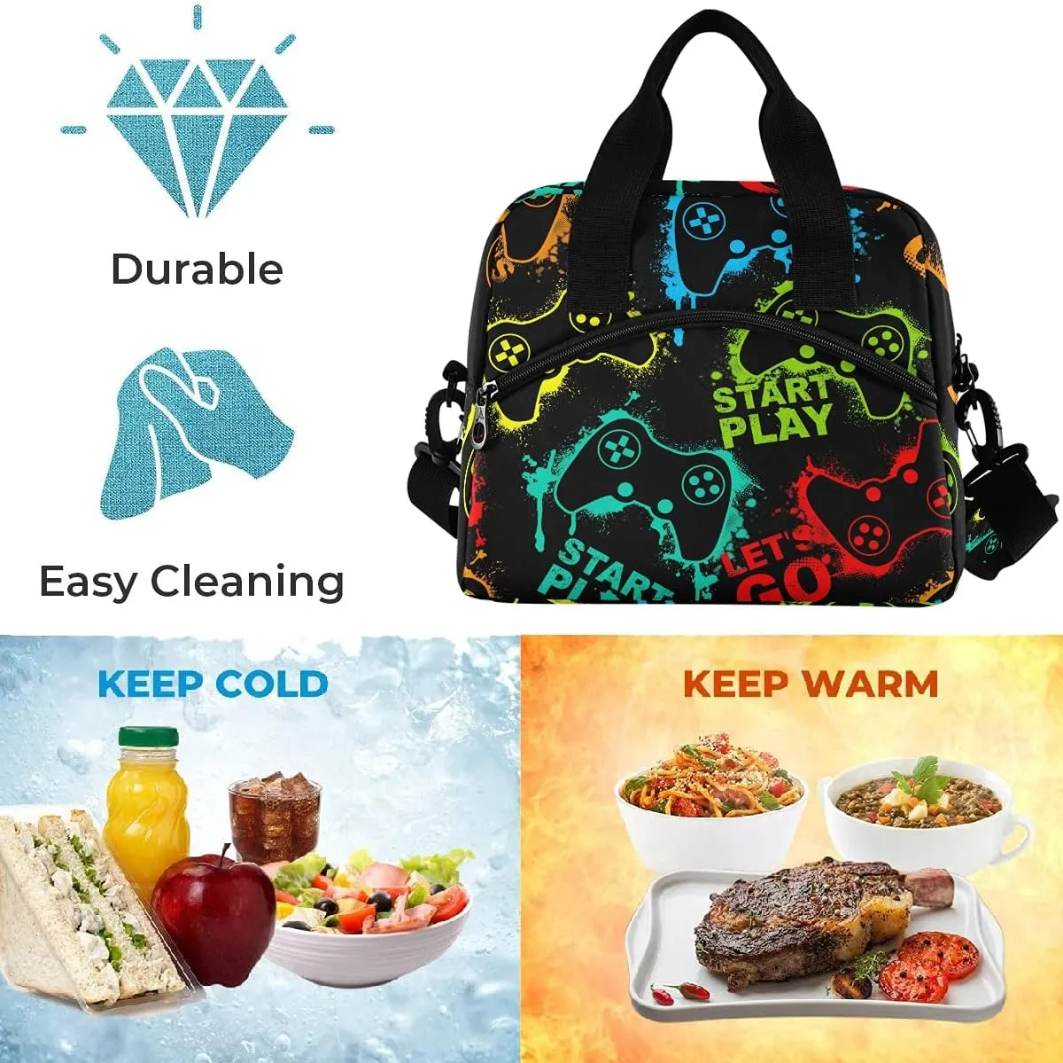 Colorful Video Game Lunch Bag, Insulated Lunch Tote Bag Cooler Cooling Lunch Box Food Container for Women Men Adults