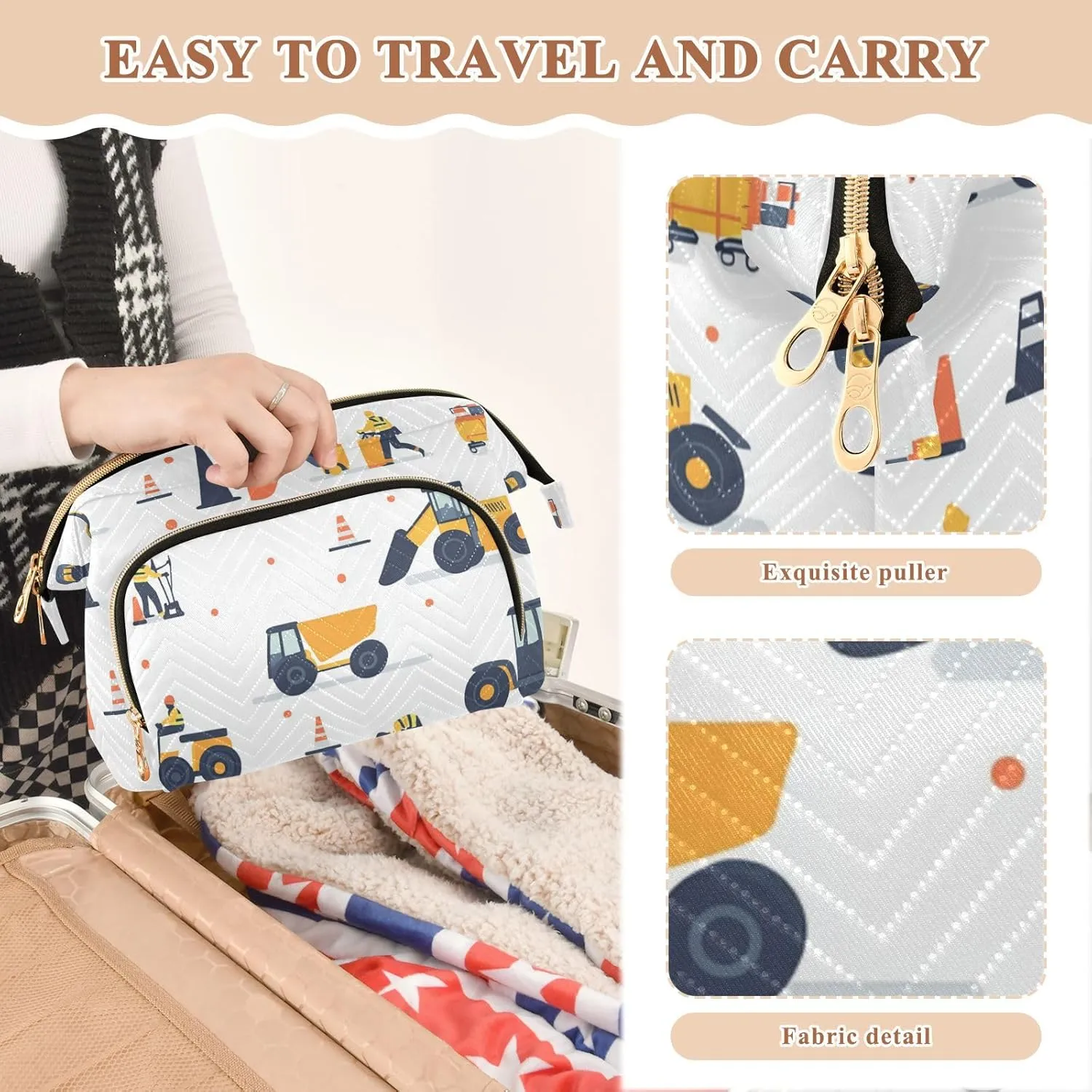 Construction Scene Car Pattern Makeup Bags Lightweight Makeup Organizer Bag Jewelry for Travel Accessories