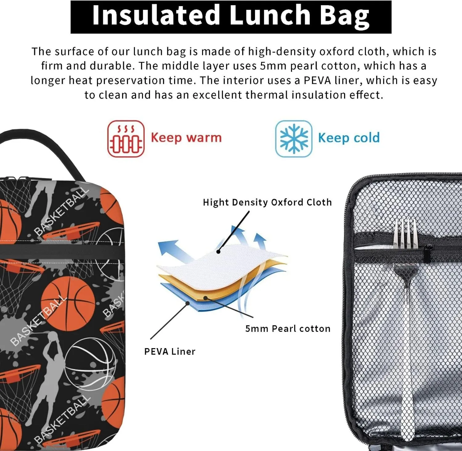 Cool Basketball Ball Sport Lunch Bag Insulated Reusable Lunch Box Lunch Tote Lunchbox Portable Bento Bags For Men Women Office Work Travel Picnic Camping