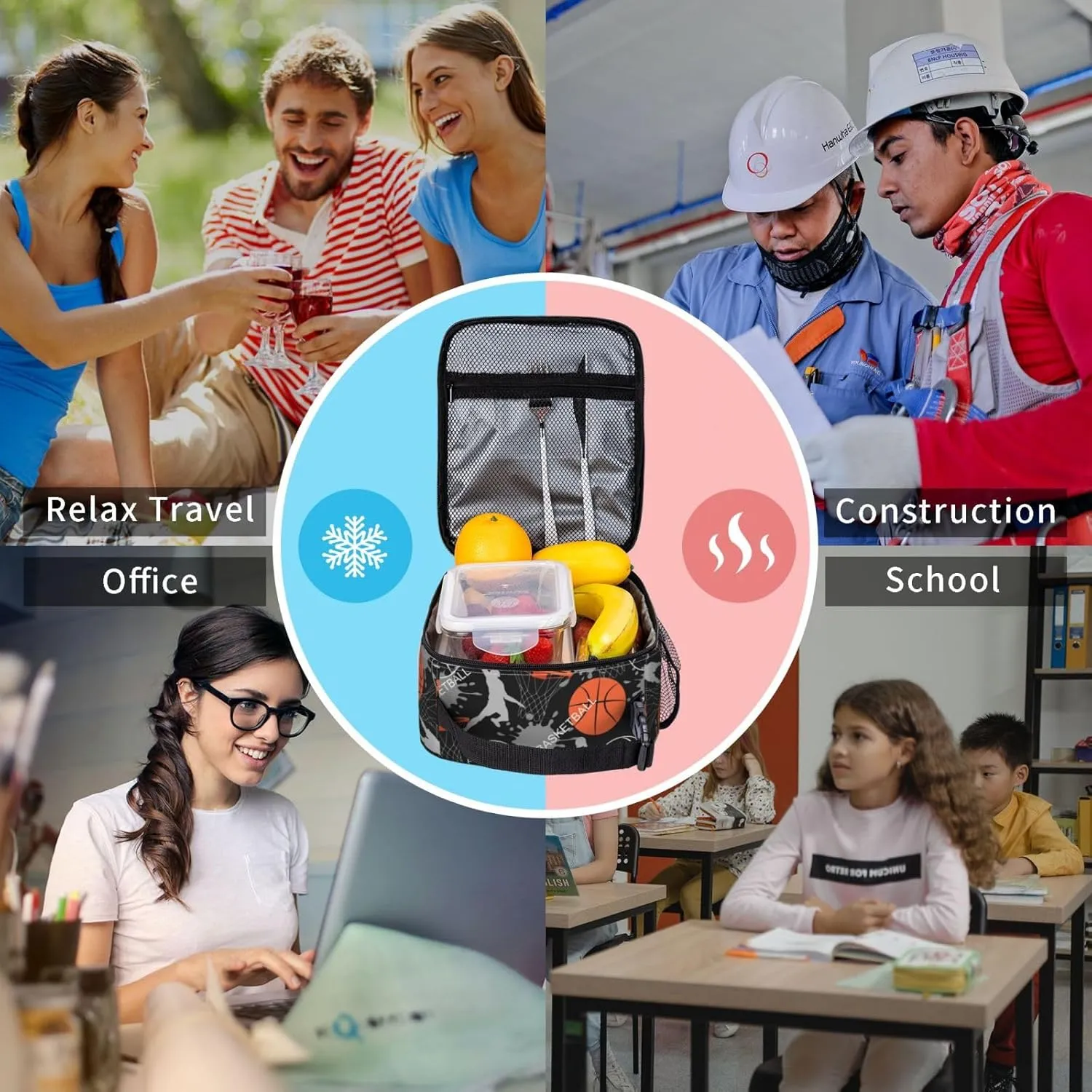 Cool Basketball Ball Sport Lunch Bag Insulated Reusable Lunch Box Lunch Tote Lunchbox Portable Bento Bags For Men Women Office Work Travel Picnic Camping