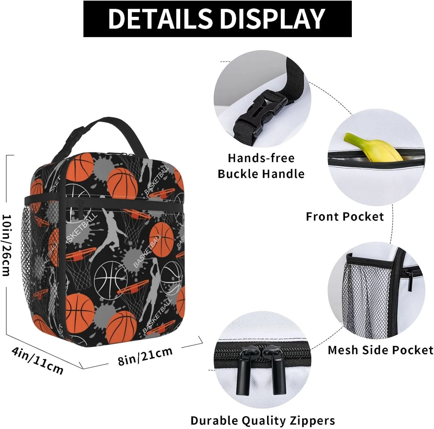 Cool Basketball Ball Sport Lunch Bag Insulated Reusable Lunch Box Lunch Tote Lunchbox Portable Bento Bags For Men Women Office Work Travel Picnic Camping