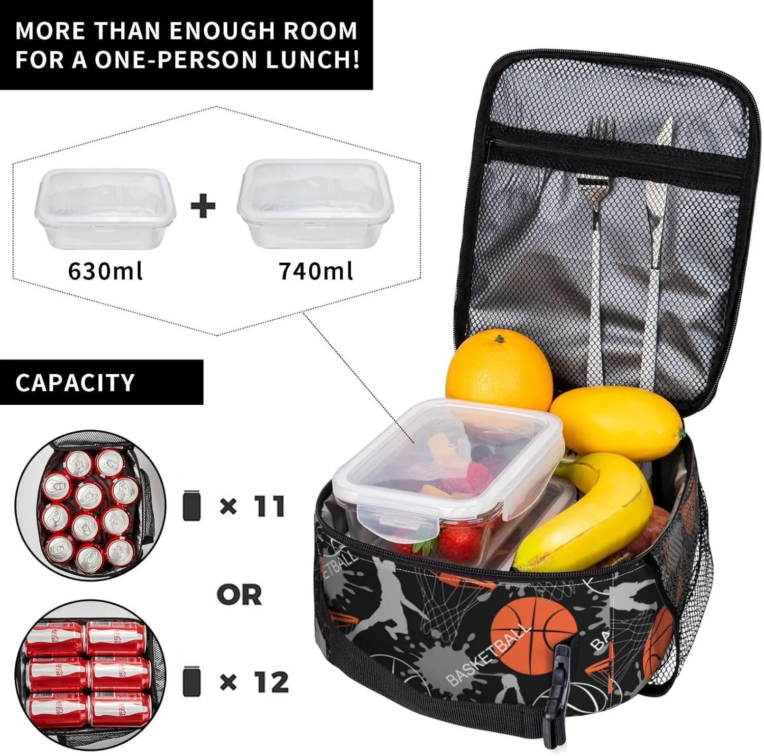 Cool Basketball Ball Sport Lunch Bag Insulated Reusable Lunch Box Lunch Tote Lunchbox Portable Bento Bags For Men Women Office Work Travel Picnic Camping