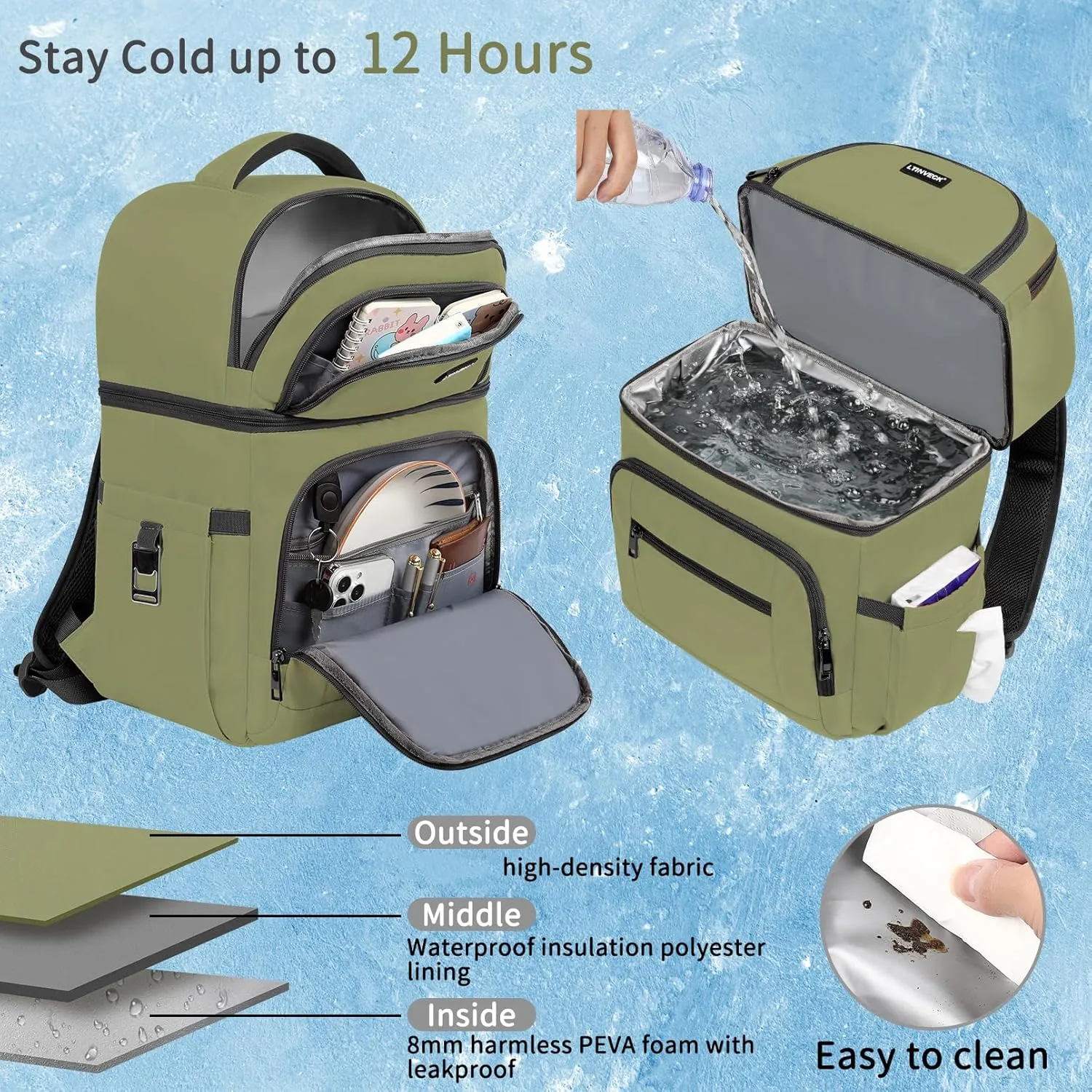 Cooler Backpack,Insulated Backpack Cooler Leakproof Double Deck Cooler Bag for Men Women RFID Lunch Backpack
