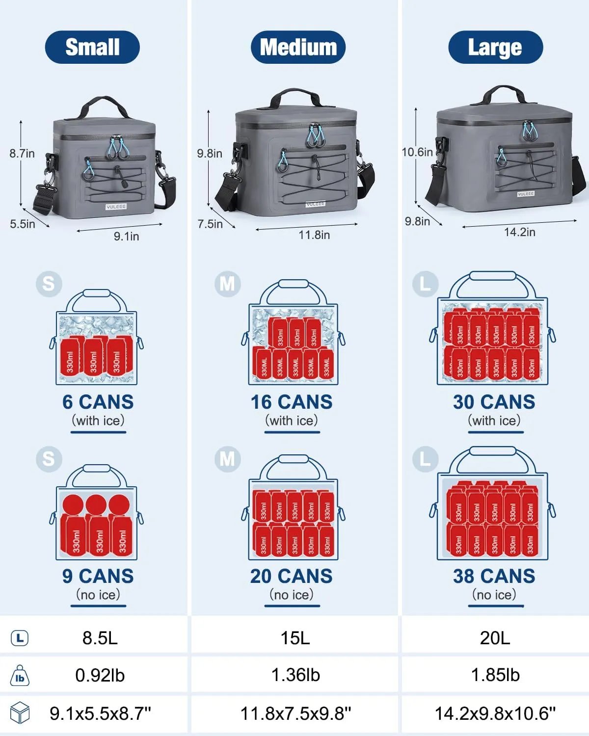 Cooler Bag, 8/16/30 Can Soft Sided Small Portable Insulated Cooling Pack, Everyday Lunch Cooler, Leakproof Ice Chest for Beach, Camping, Travel, Picnic