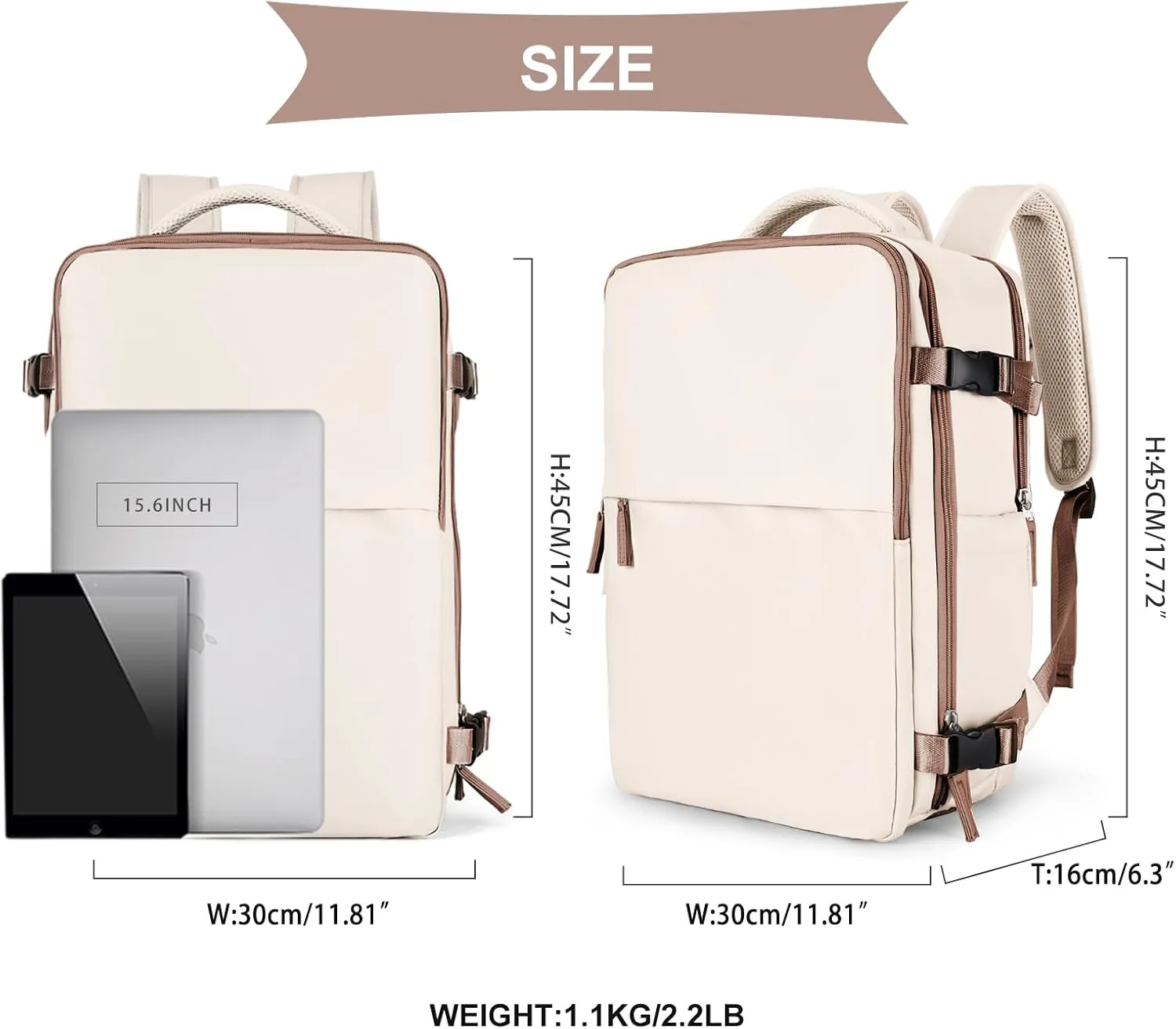 coowoz Travel Backpack For Women Men Airline Approved,Beige Brown Carry On Backpack,Large Hiking Backpack Waterproof Outdoor Sports Rucksack Casual Daypack Fit 15.6 Inch Laptop Backpack