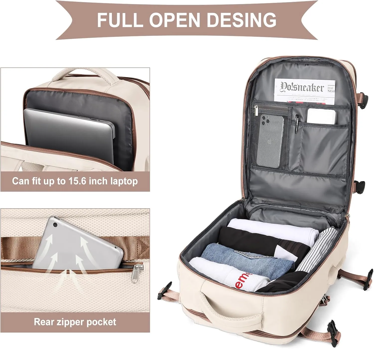 coowoz Travel Backpack For Women Men Airline Approved,Beige Brown Carry On Backpack,Large Hiking Backpack Waterproof Outdoor Sports Rucksack Casual Daypack Fit 15.6 Inch Laptop Backpack