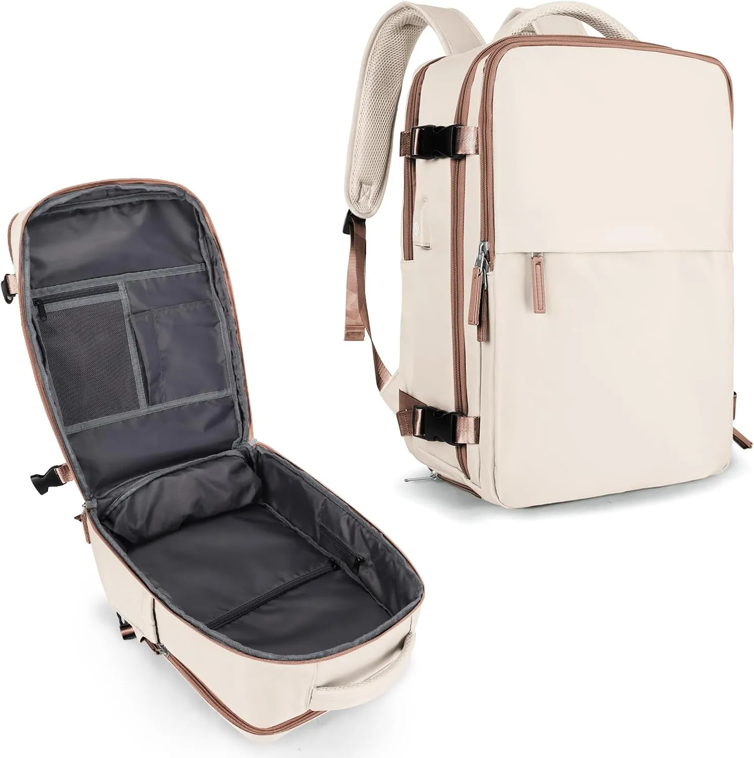 coowoz Travel Backpack For Women Men Airline Approved,Beige Brown Carry On Backpack,Large Hiking Backpack Waterproof Outdoor Sports Rucksack Casual Daypack Fit 15.6 Inch Laptop Backpack