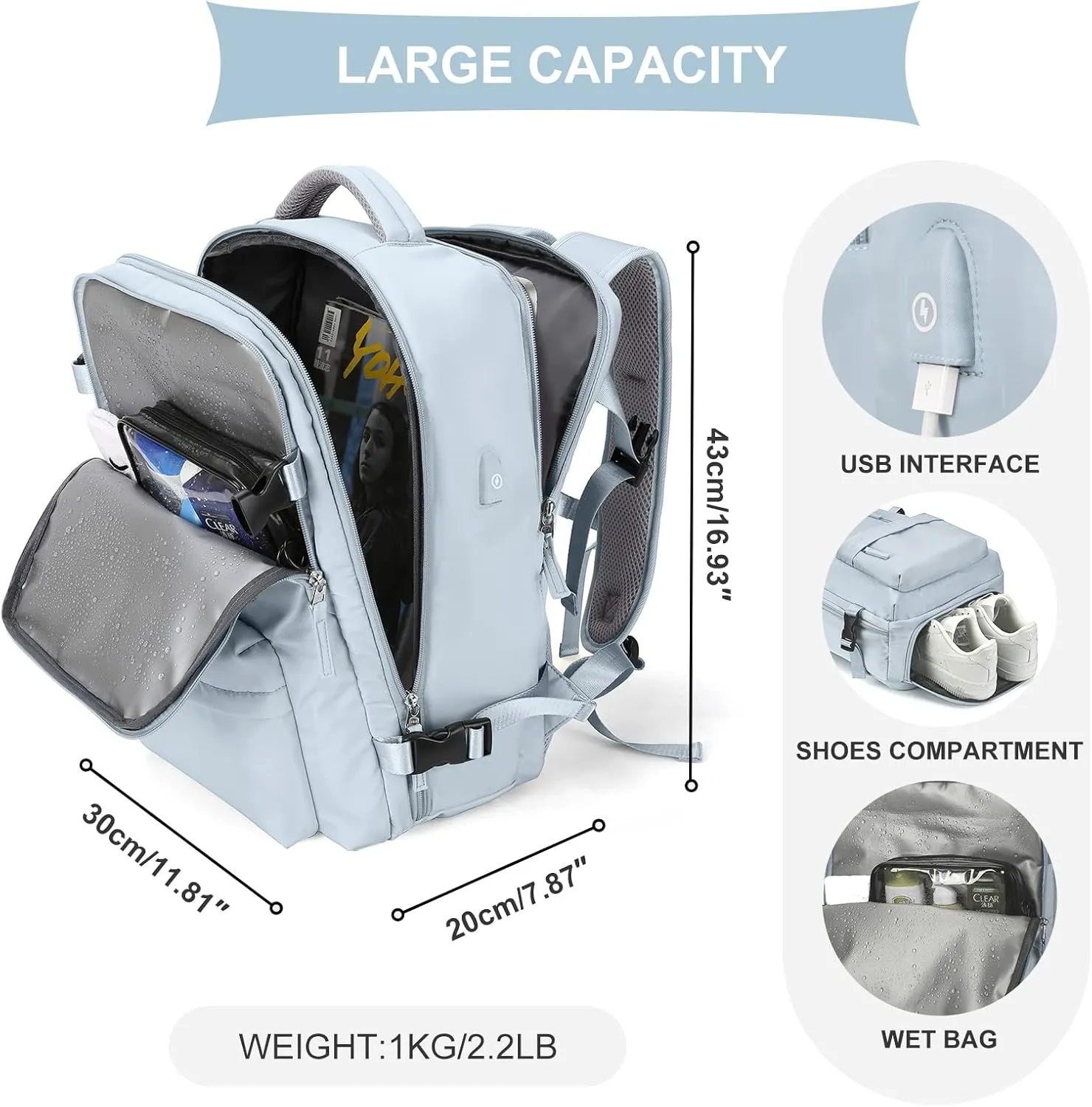 coowoz Travel Backpack For Women Men Airline Approved,Carry On Backpack,Large Hiking Backpack Waterproof Outdoor Sports Rucksack Casual Daypack Fit 15.6 Inch Laptop Backpack Blue College Backpack