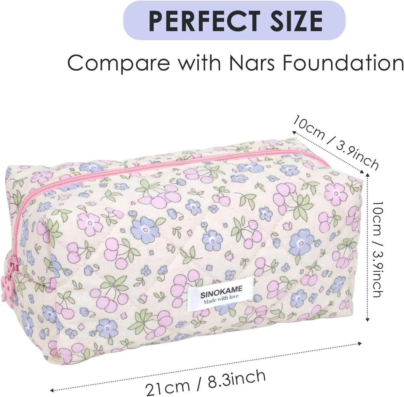 Coquette Makeup Bag Cosmetic Bag for Women, Handmade Cotton Quilted Pouches Reusable Travel Toiletry Bag Organizer Brushes, Beige Flowers