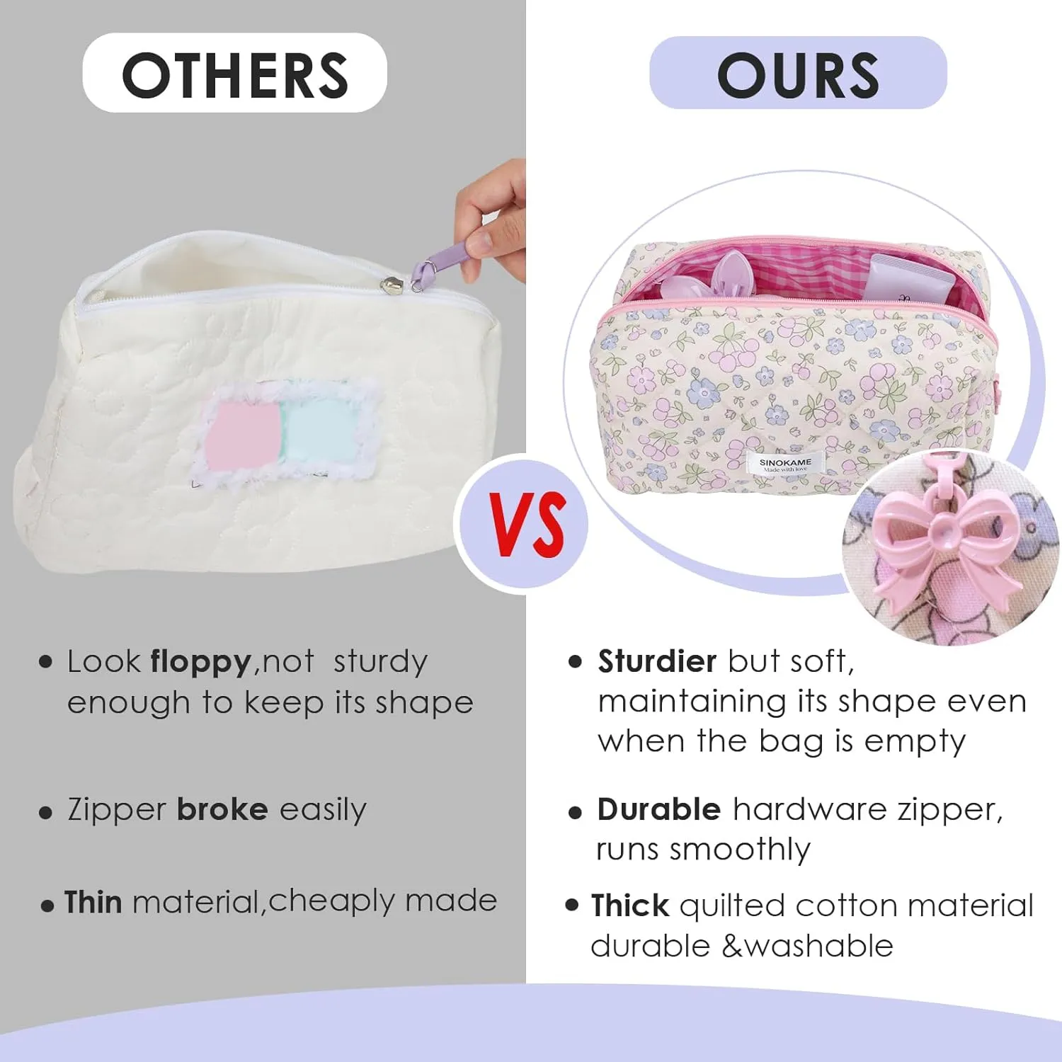 Coquette Makeup Bag Cosmetic Bag for Women, Handmade Cotton Quilted Pouches Reusable Travel Toiletry Bag Organizer Brushes, Beige Flowers