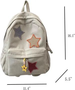 Corduroy Backpack with Star Pattern, Trendy and Versatile, Fits 14'' Laptop Large Capacity Daily Commute (Beige)