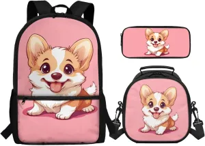 Corgi Girls Bookbags Ages 6-8 Set Kindergarten Backpack for Kids with Pencil Case Casual Daypack Set with Insulated Lunch Bag for Outdoor Picnic Travel Pink