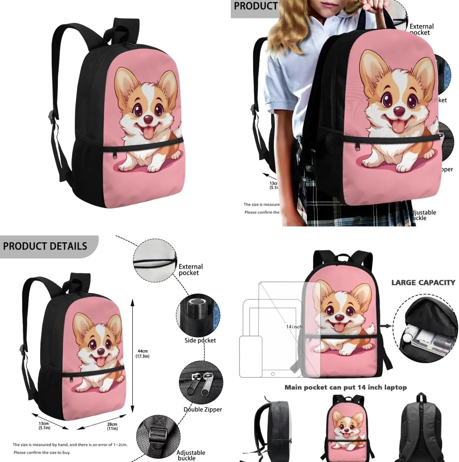 Corgi Girls Bookbags Ages 6-8 Set Kindergarten Backpack for Kids with Pencil Case Casual Daypack Set with Insulated Lunch Bag for Outdoor Picnic Travel Pink