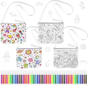 Cosblank 4 Sets Color Your Own Crossbody Bags Coloring Crafts for Boys Girls 4 Washable Canvas Pouch Bag with 48 Colorful Markers Reusable DIY Gift for Birthday Party Favor Supplies, 4 Designs