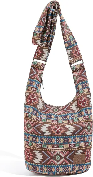 Coton Pose Women Hippie Crossbody Bag - Top Zip Large Capacity Canvas Sling Bag - Jacquard Cloth Handmade