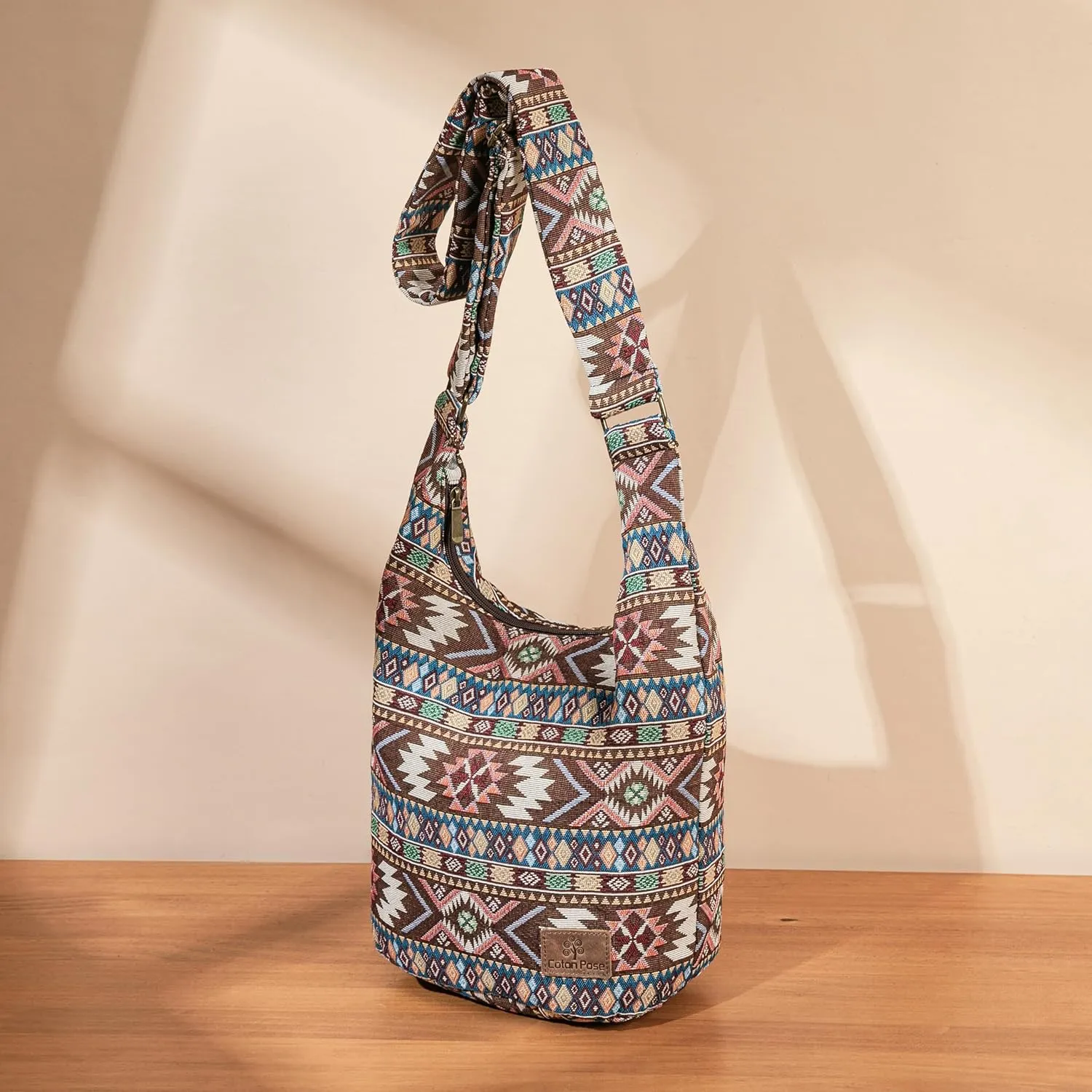Coton Pose Women Hippie Crossbody Bag - Top Zip Large Capacity Canvas Sling Bag - Jacquard Cloth Handmade