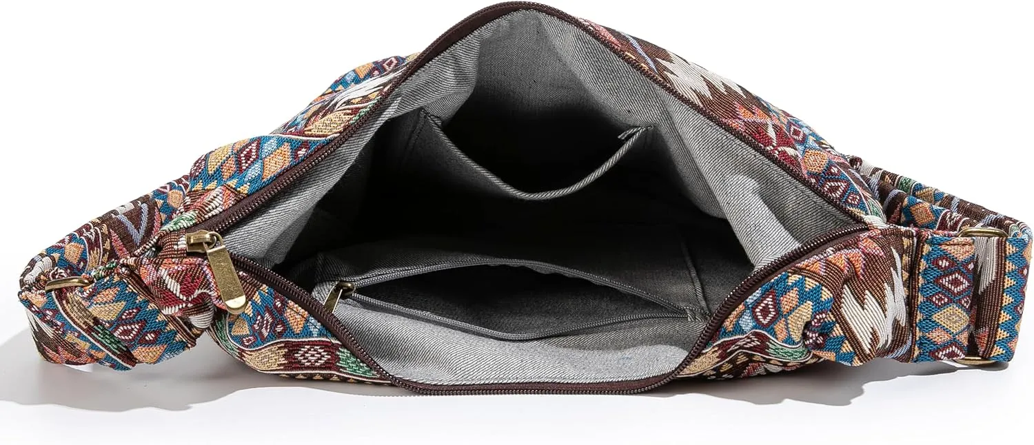 Coton Pose Women Hippie Crossbody Bag - Top Zip Large Capacity Canvas Sling Bag - Jacquard Cloth Handmade