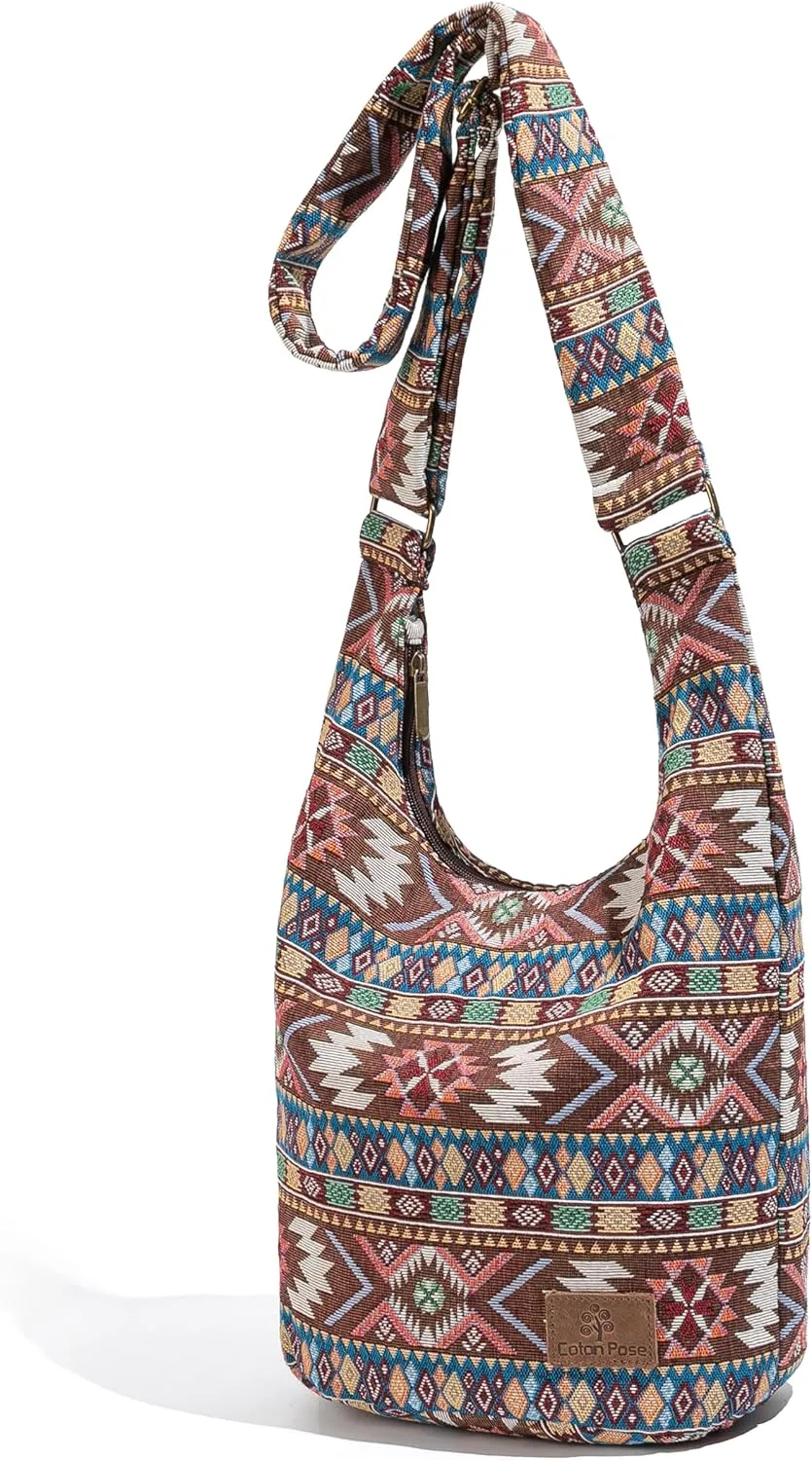 Coton Pose Women Hippie Crossbody Bag - Top Zip Large Capacity Canvas Sling Bag - Jacquard Cloth Handmade