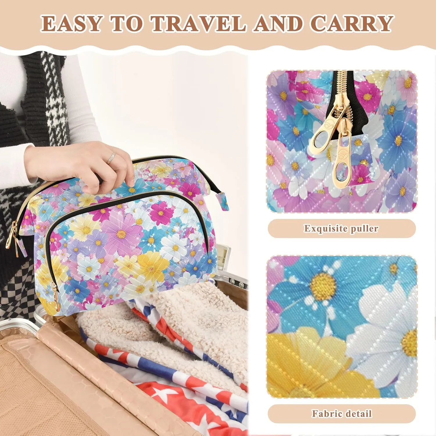 Cottage Beautiful Flower Blue Travel Bag Portable Cosmetic Makeup Bag Jewelry for Make Up