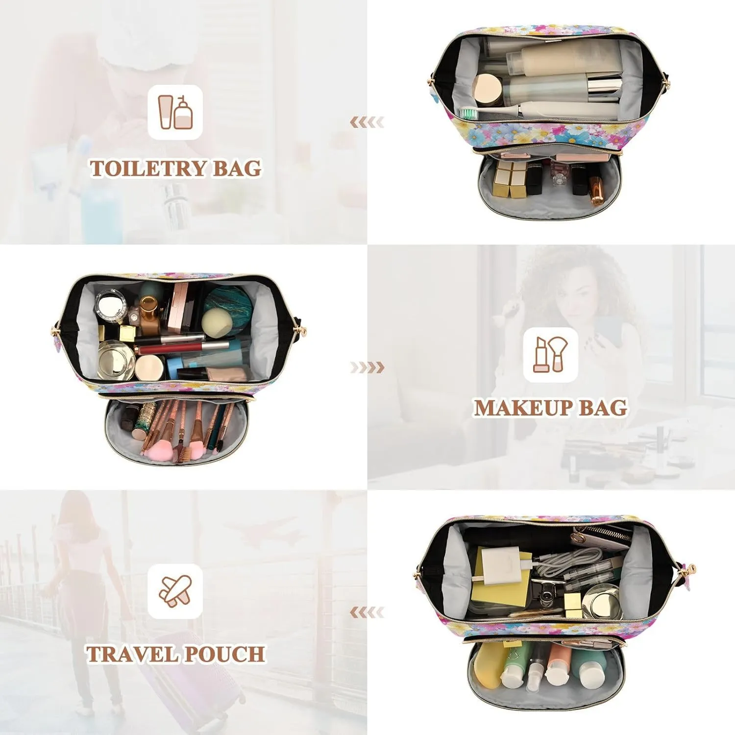 Cottage Beautiful Flower Blue Travel Bag Portable Cosmetic Makeup Bag Jewelry for Make Up
