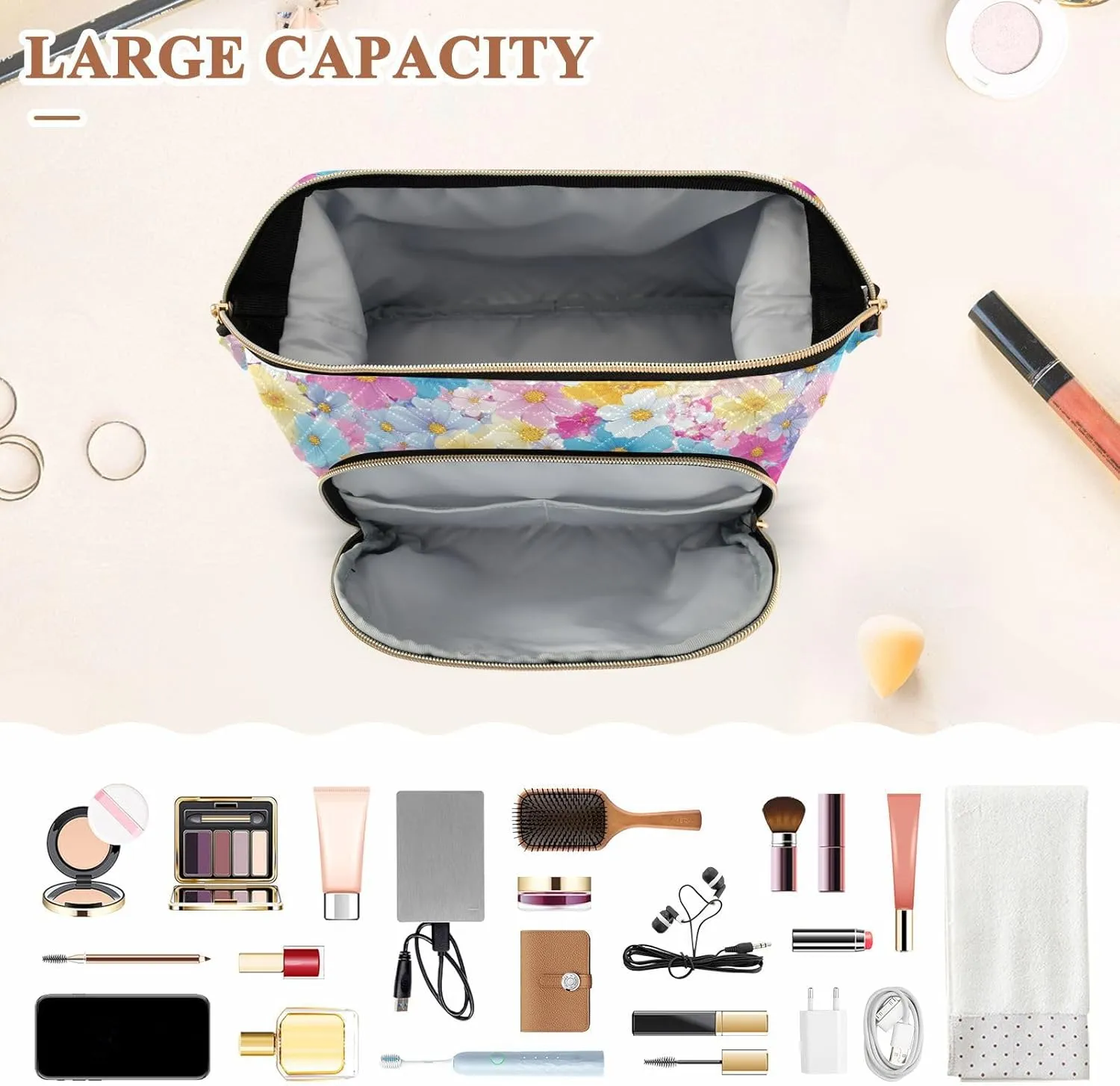 Cottage Beautiful Flower Blue Travel Bag Portable Cosmetic Makeup Bag Jewelry for Make Up