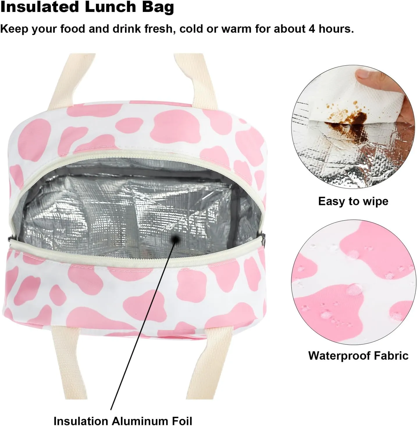 Cow Print Insulated Lunch Bag for Women Girls, Reusable Lunch Box Picnic Tote Bags for Adults Kids School Work Travel (Pink)