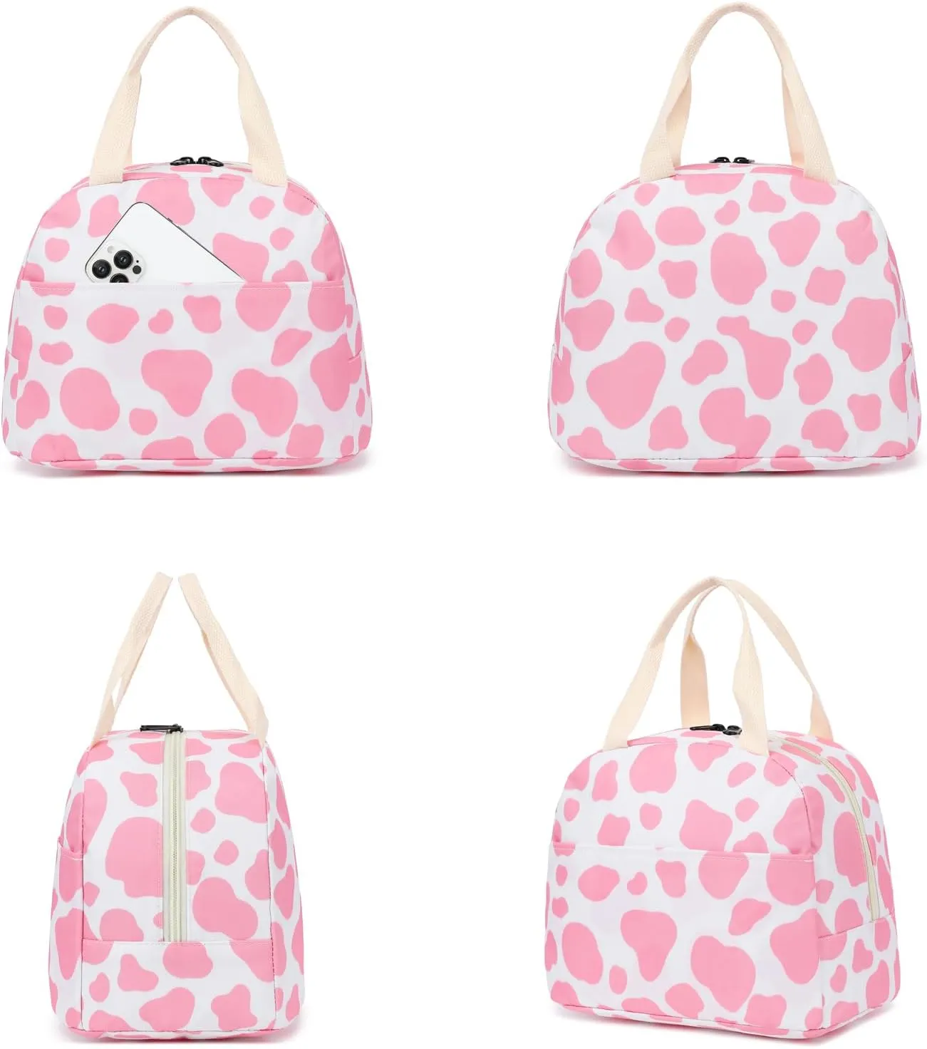 Cow Print Insulated Lunch Bag for Women Girls, Reusable Lunch Box Picnic Tote Bags for Adults Kids School Work Travel (Pink)