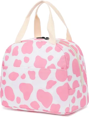 Cow Print Insulated Lunch Bag for Women Girls, Reusable Lunch Box Picnic Tote Bags for Adults Kids School Work Travel (Pink)